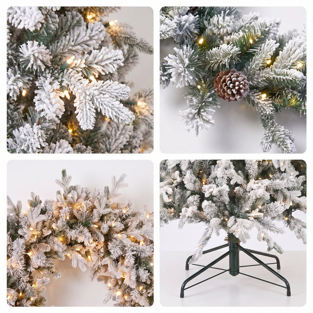 Christabelle Snowy Dorchester Pre-Lit Christmas Tree 9ft 2.7m, Flocked LED Wreath 1.2m or Garland with Pine Cones
