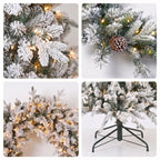 Christabelle Snowy Dorchester Pre-Lit Christmas Tree 9ft 2.7m, Flocked LED Wreath 1.2m or Garland with Pine Cones