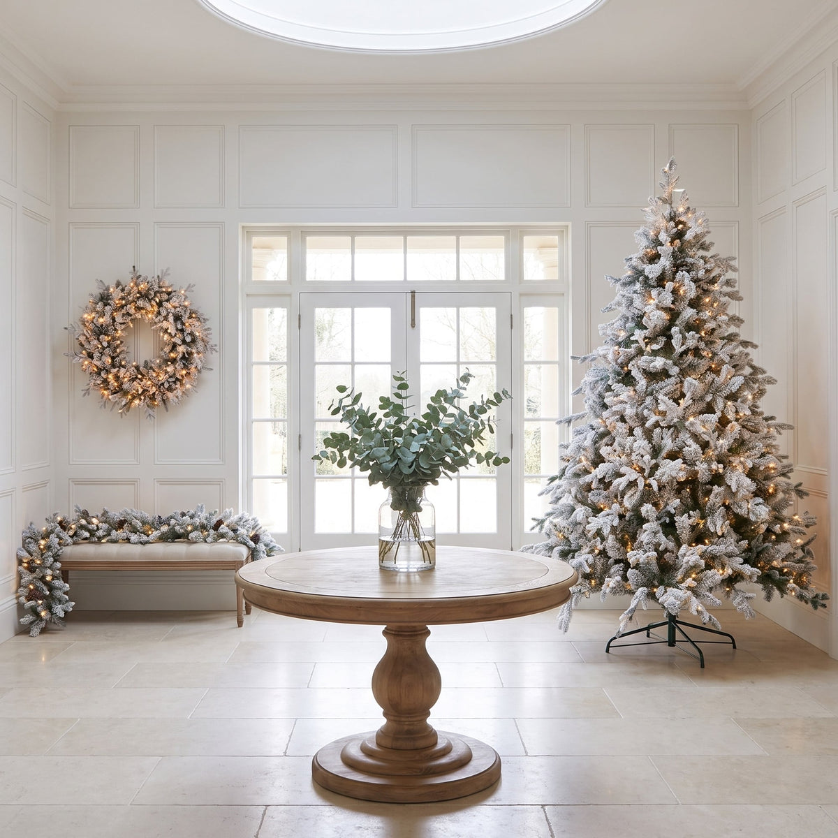 Christabelle Snowy Dorchester Pre-Lit Christmas Tree 9ft 2.7m, Flocked LED Wreath 1.2m or Garland with Pine Cones