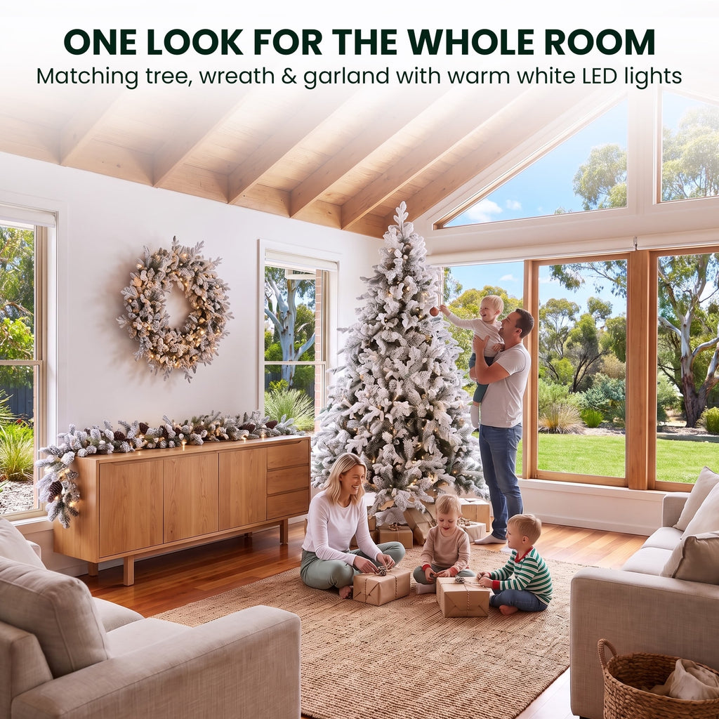 Christabelle Snowy Dorchester Pre-Lit Christmas Tree 9ft 2.7m, Flocked LED Wreath 1.2m or Garland with Pine Cones