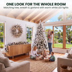 Christabelle Snowy Dorchester Pre-Lit Christmas Tree 9ft 2.7m, Flocked LED Wreath 1.2m or Garland with Pine Cones