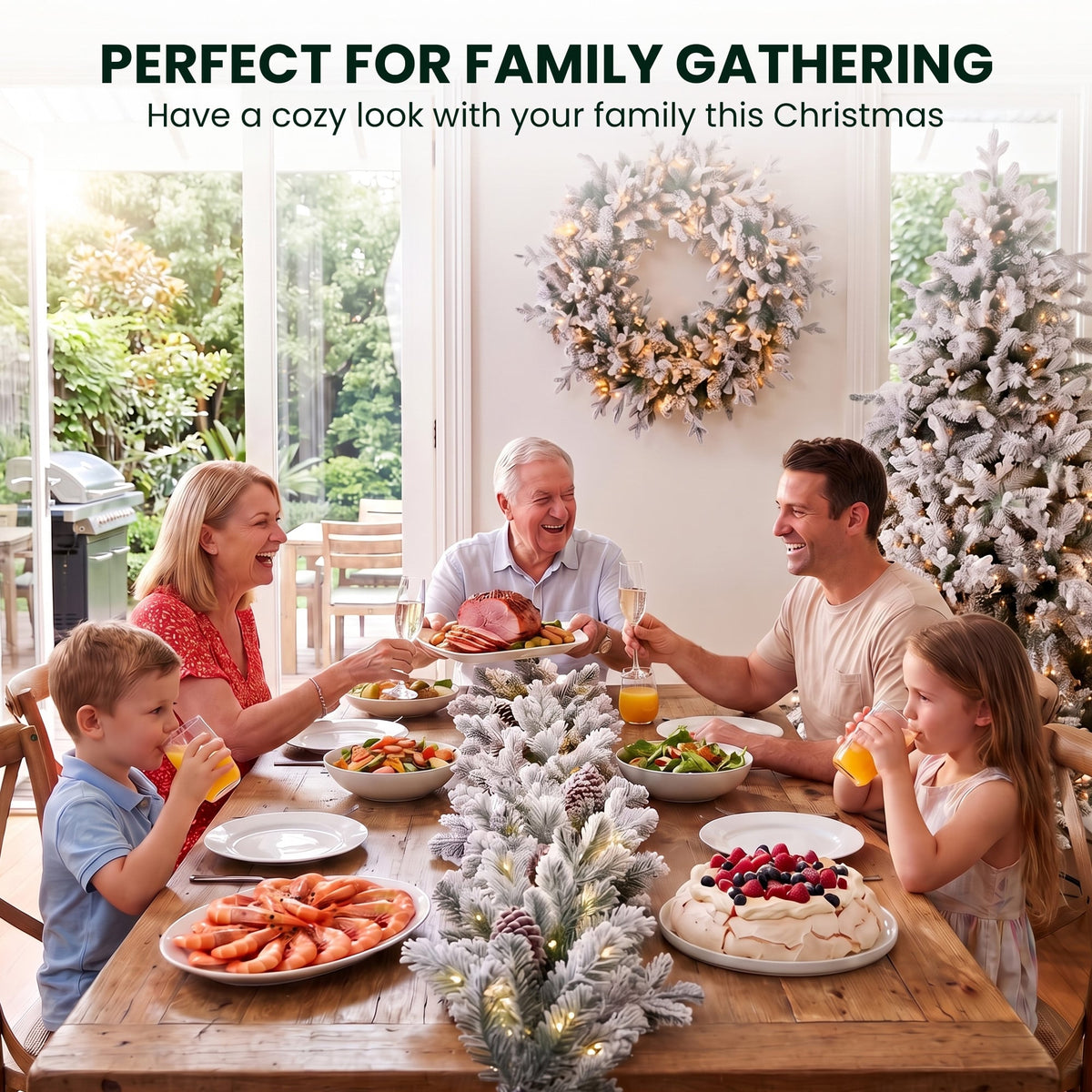 Christabelle Snowy Dorchester Pre-Lit Christmas Tree 9ft 2.7m, Flocked LED Wreath 1.2m or Garland with Pine Cones