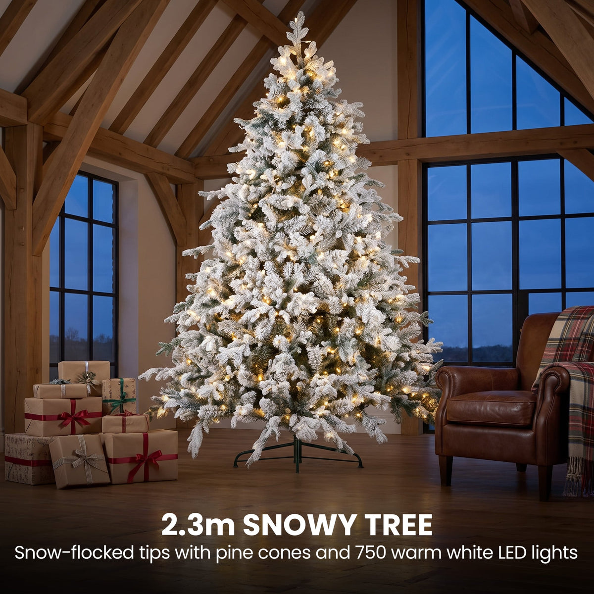 Christabelle Snowy Dorchester Pre-Lit Christmas Tree 9ft 2.7m, Flocked LED Wreath 1.2m or Garland with Pine Cones