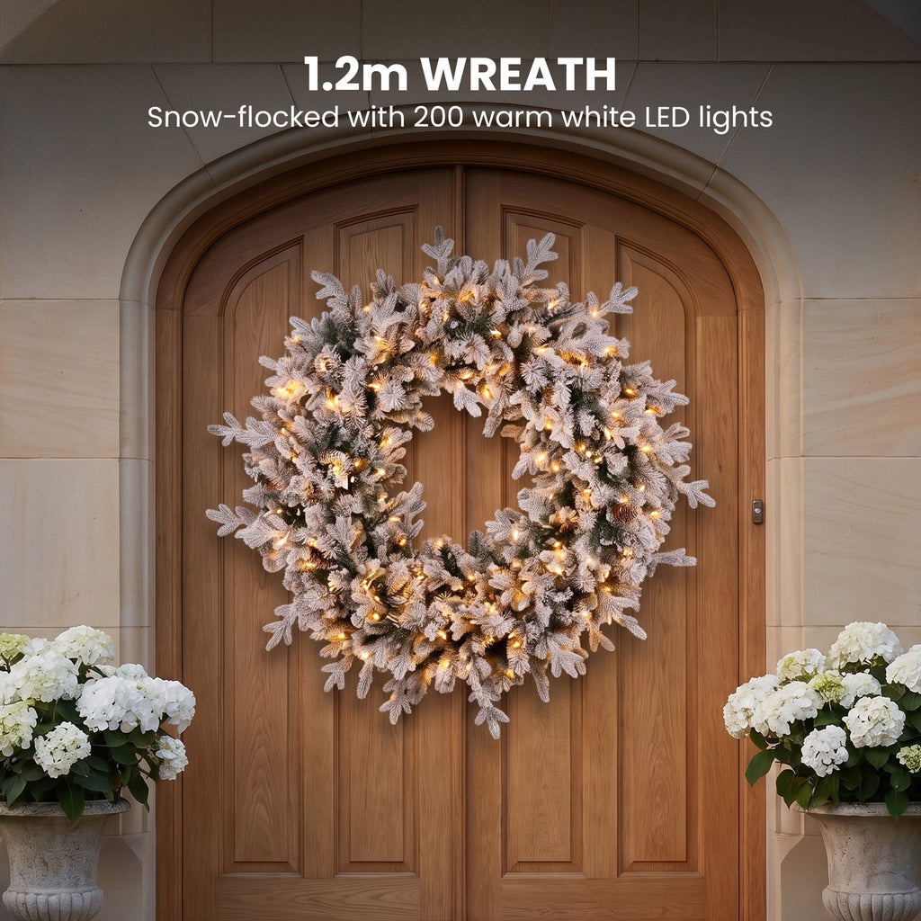 Christabelle Snowy Dorchester Pre-Lit Christmas Tree 9ft 2.7m, Flocked LED Wreath 1.2m or Garland with Pine Cones