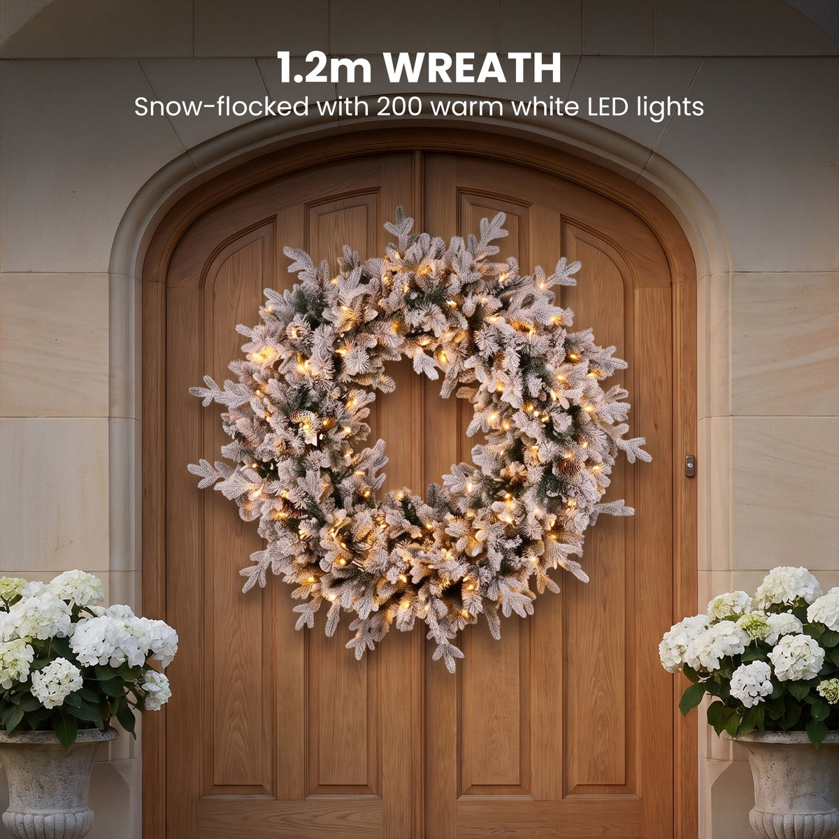 Christabelle Snowy Dorchester Pre-Lit Christmas Tree 9ft 2.7m, Flocked LED Wreath 1.2m or Garland with Pine Cones