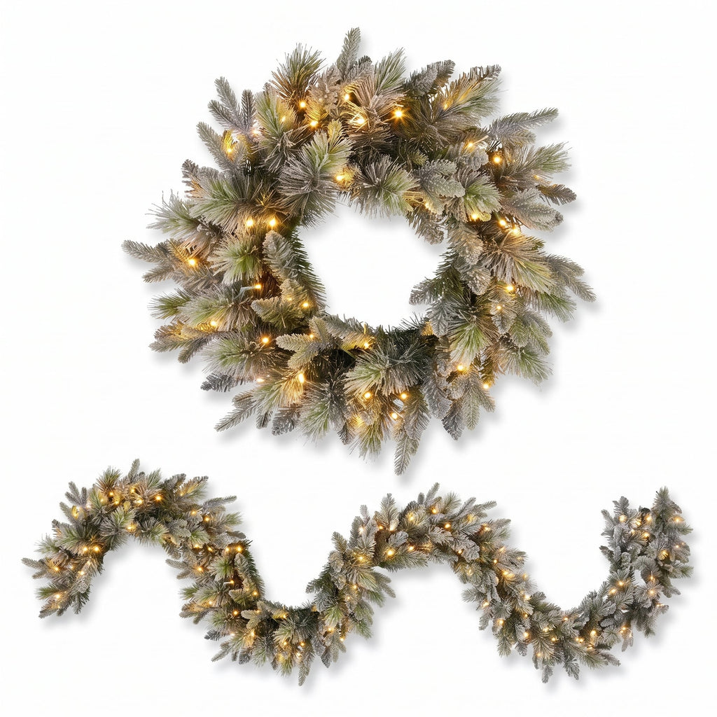 Christabelle Snowy Stamford Christmas 2pc Set 61cm Christmas Wreath and Garland with LED Lights Holiday Decor