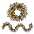 Christabelle Snowy Stamford Christmas 2pc Set 61cm Christmas Wreath and Garland with LED Lights Holiday Decor