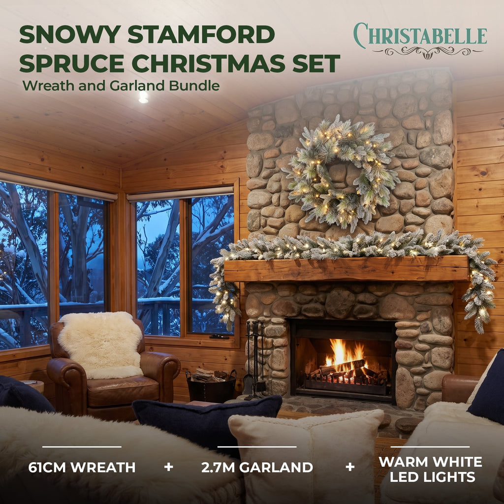 Christabelle Snowy Stamford Christmas 2pc Set 61cm Christmas Wreath and Garland with LED Lights Holiday Decor
