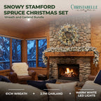 Christabelle Snowy Stamford Christmas 2pc Set 61cm Christmas Wreath and Garland with LED Lights Holiday Decor