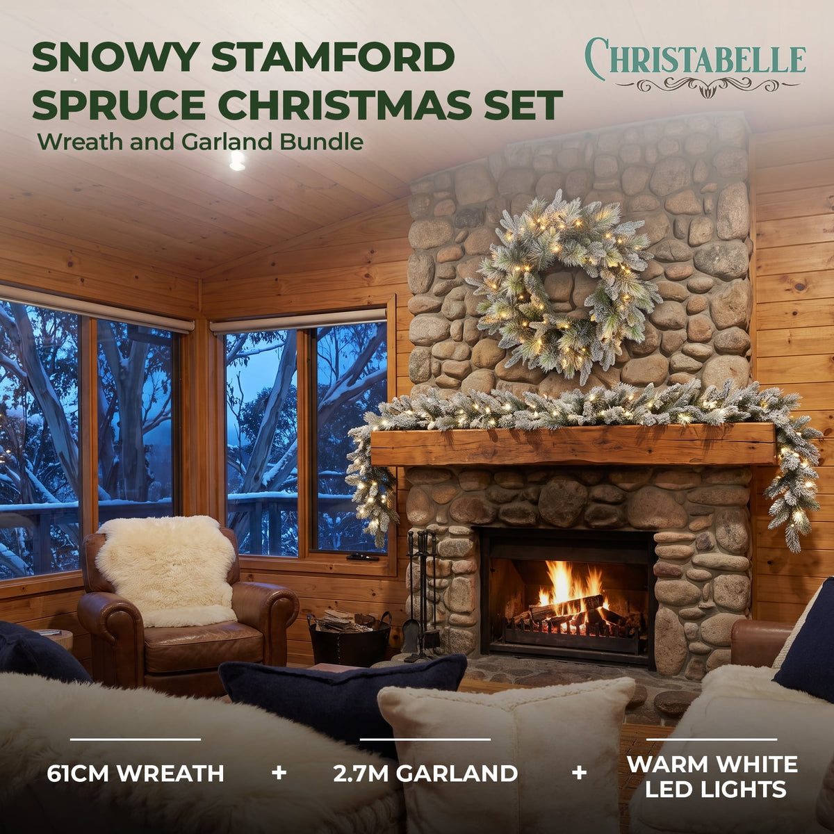 Christabelle Snowy Stamford Christmas 2pc Set 61cm Christmas Wreath and Garland with LED Lights Holiday Decor