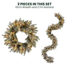 Christabelle Snowy Stamford Christmas 2pc Set 61cm Christmas Wreath and Garland with LED Lights Holiday Decor
