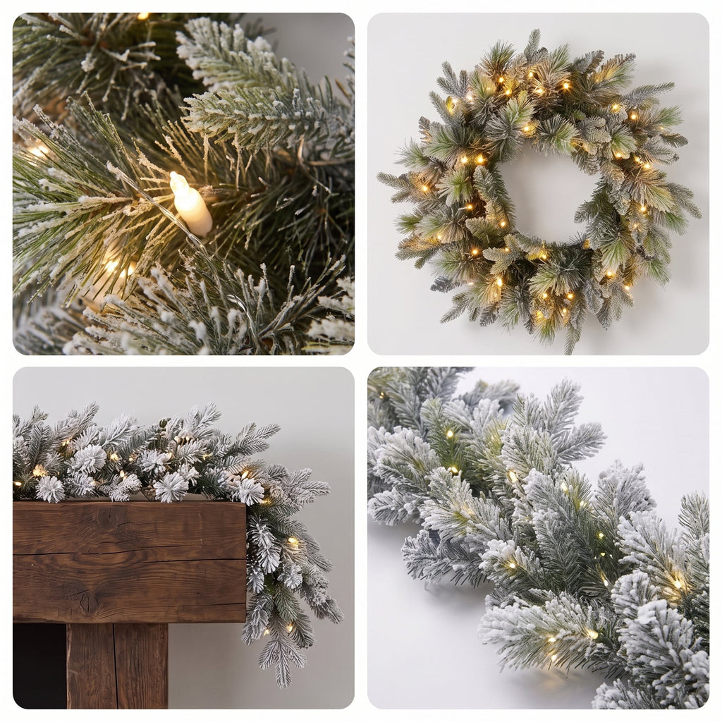 Christabelle Snowy Stamford Christmas 2pc Set 61cm Christmas Wreath and Garland with LED Lights Holiday Decor