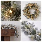 Christabelle Snowy Stamford Christmas 2pc Set 61cm Christmas Wreath and Garland with LED Lights Holiday Decor