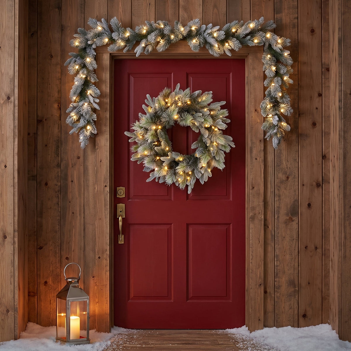 Christabelle Snowy Stamford Christmas 2pc Set 61cm Christmas Wreath and Garland with LED Lights Holiday Decor