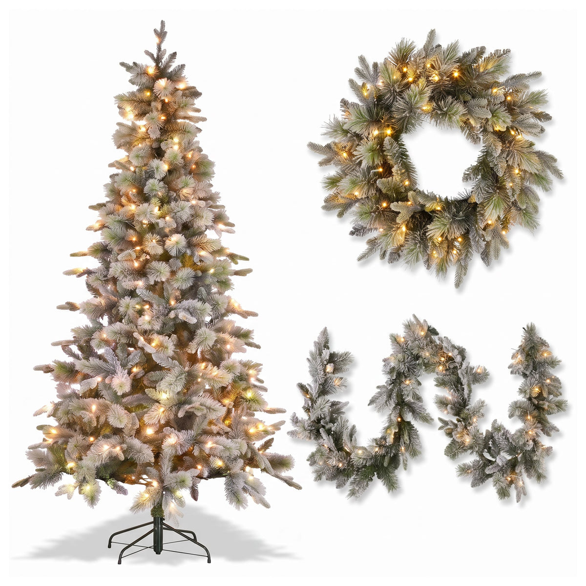 Christabelle Snowy Stamford Spruce 2.3m 7.5ft Tree 61cm Wreath Snowy Stamford 2.7m Christmas Garland Snowy with LED