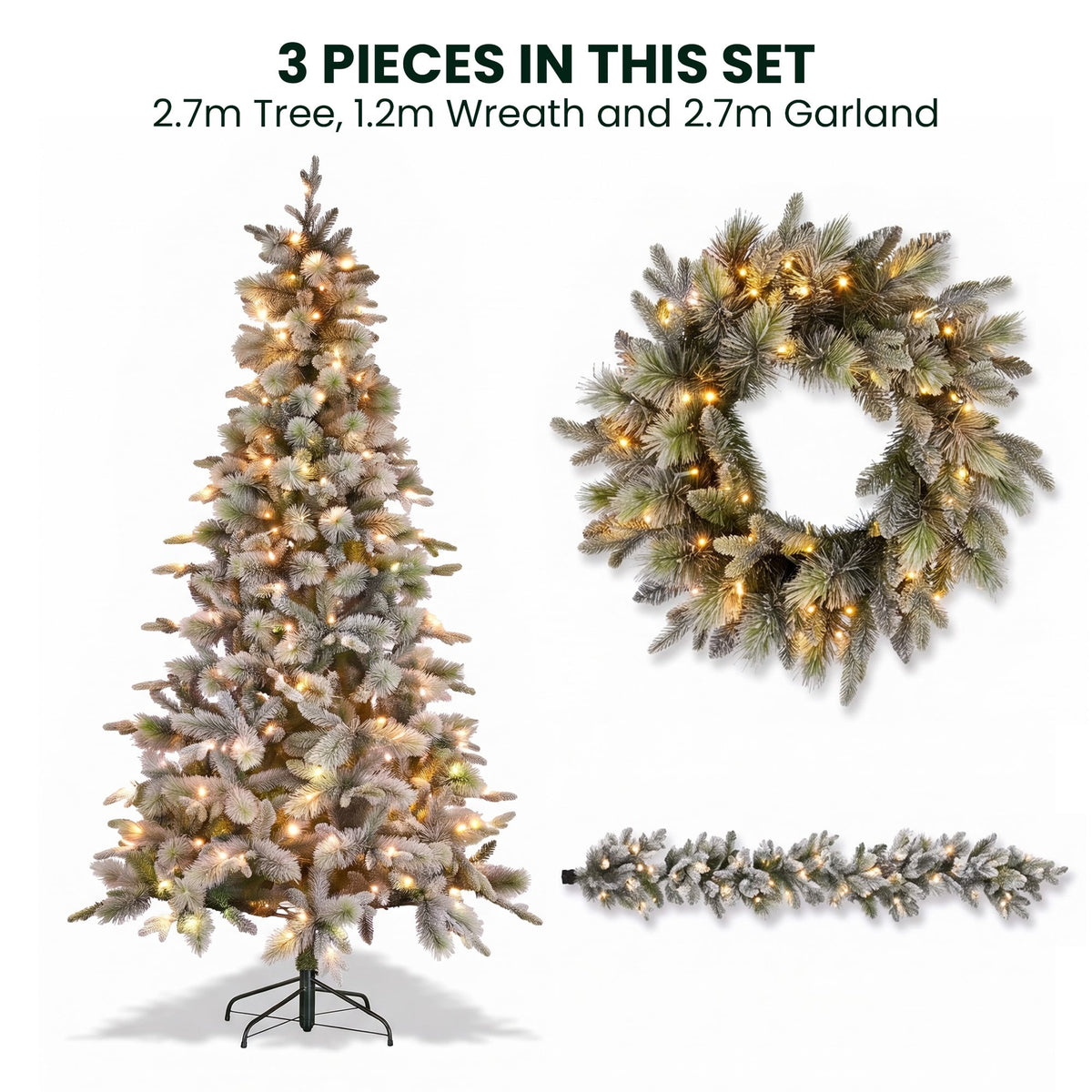 Christabelle Snowy Stamford Spruce 2.3m 7.5ft Tree 61cm Wreath Snowy Stamford 2.7m Christmas Garland Snowy with LED