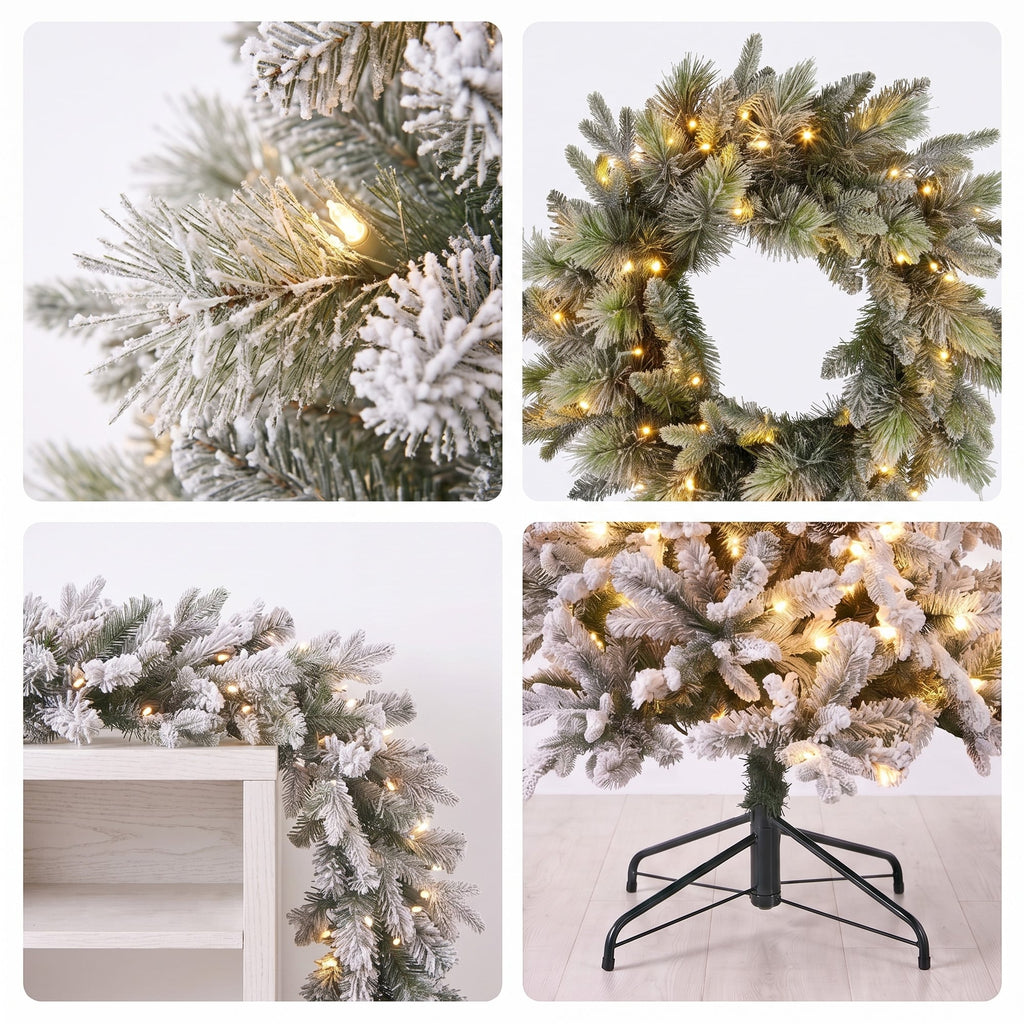 Christabelle Snowy Stamford Spruce 2.3m 7.5ft Tree 61cm Wreath Snowy Stamford 2.7m Christmas Garland Snowy with LED