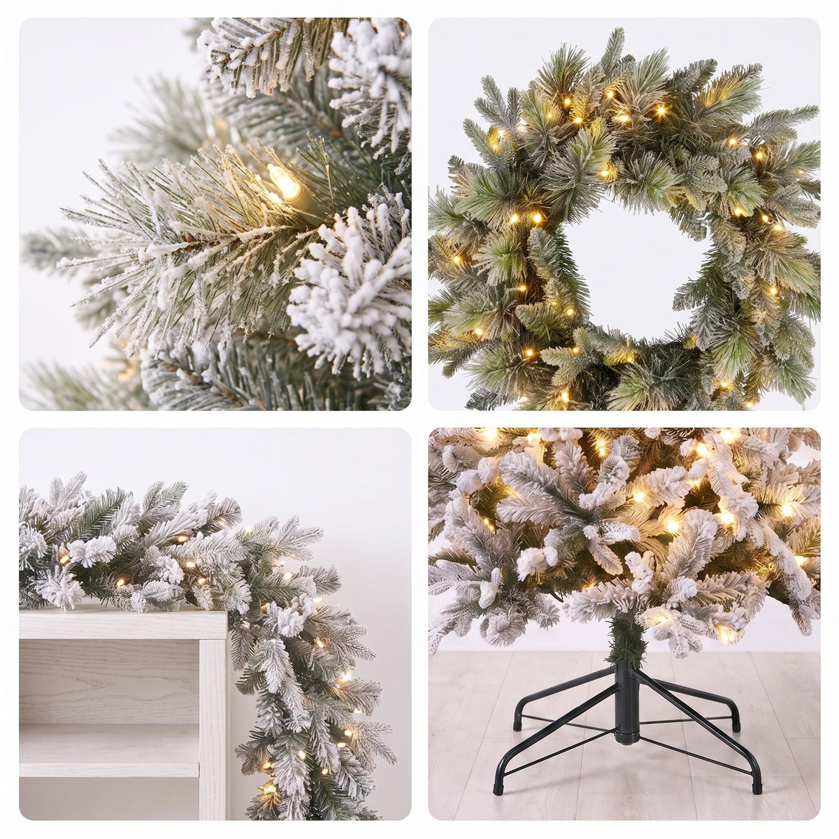 Christabelle Snowy Stamford Spruce 2.3m 7.5ft Tree 61cm Wreath Snowy Stamford 2.7m Christmas Garland Snowy with LED