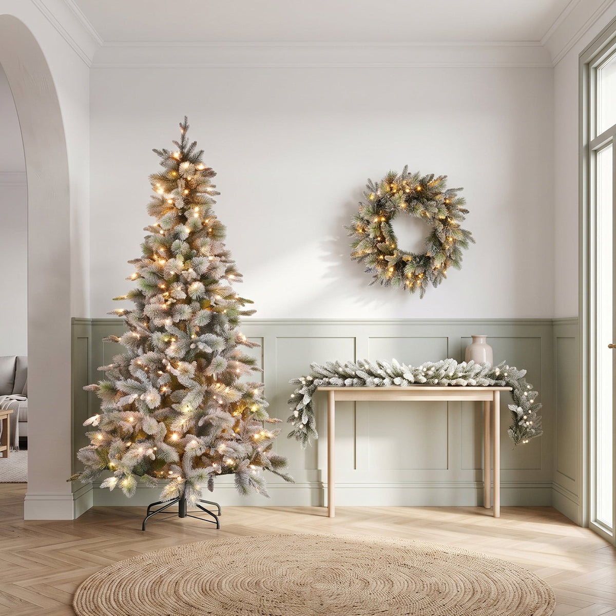 Christabelle Snowy Stamford Spruce 2.3m 7.5ft Tree 61cm Wreath Snowy Stamford 2.7m Christmas Garland Snowy with LED