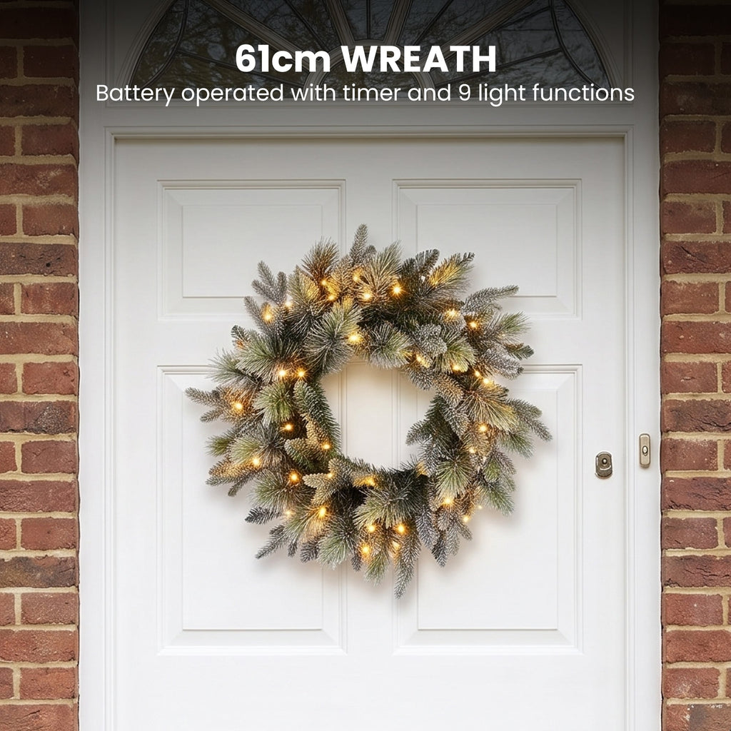 Christabelle Snowy Stamford Spruce 2.3m 7.5ft Tree 61cm Wreath Snowy Stamford 2.7m Christmas Garland Snowy with LED