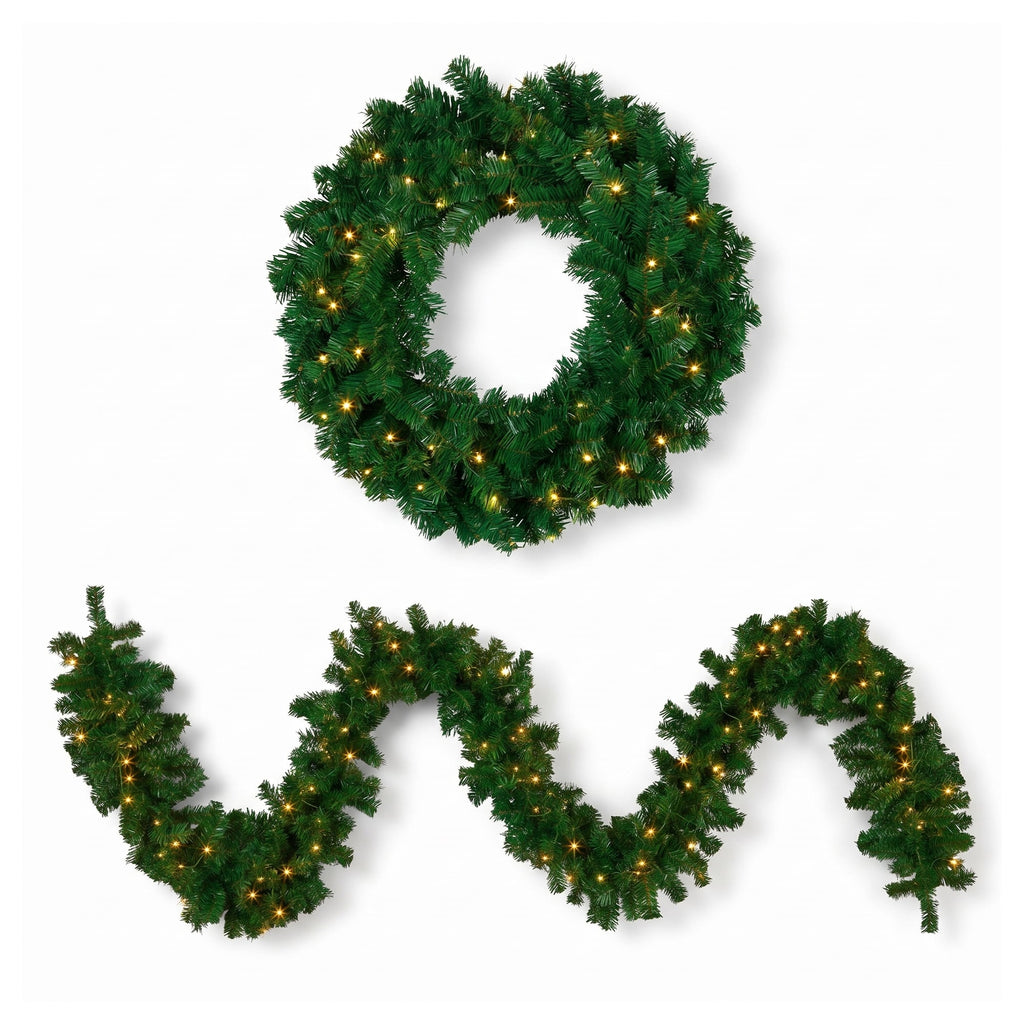 Christabelle Chadwick Green Christmas 2pc Set 61cm Christmas Wreath and Garland with LED Lights Holiday Decor