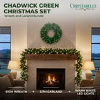 Christabelle Chadwick Green Christmas 2pc Set 61cm Christmas Wreath and Garland with LED Lights Holiday Decor