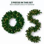 Christabelle Chadwick Green Christmas 2pc Set 61cm Christmas Wreath and Garland with LED Lights Holiday Decor