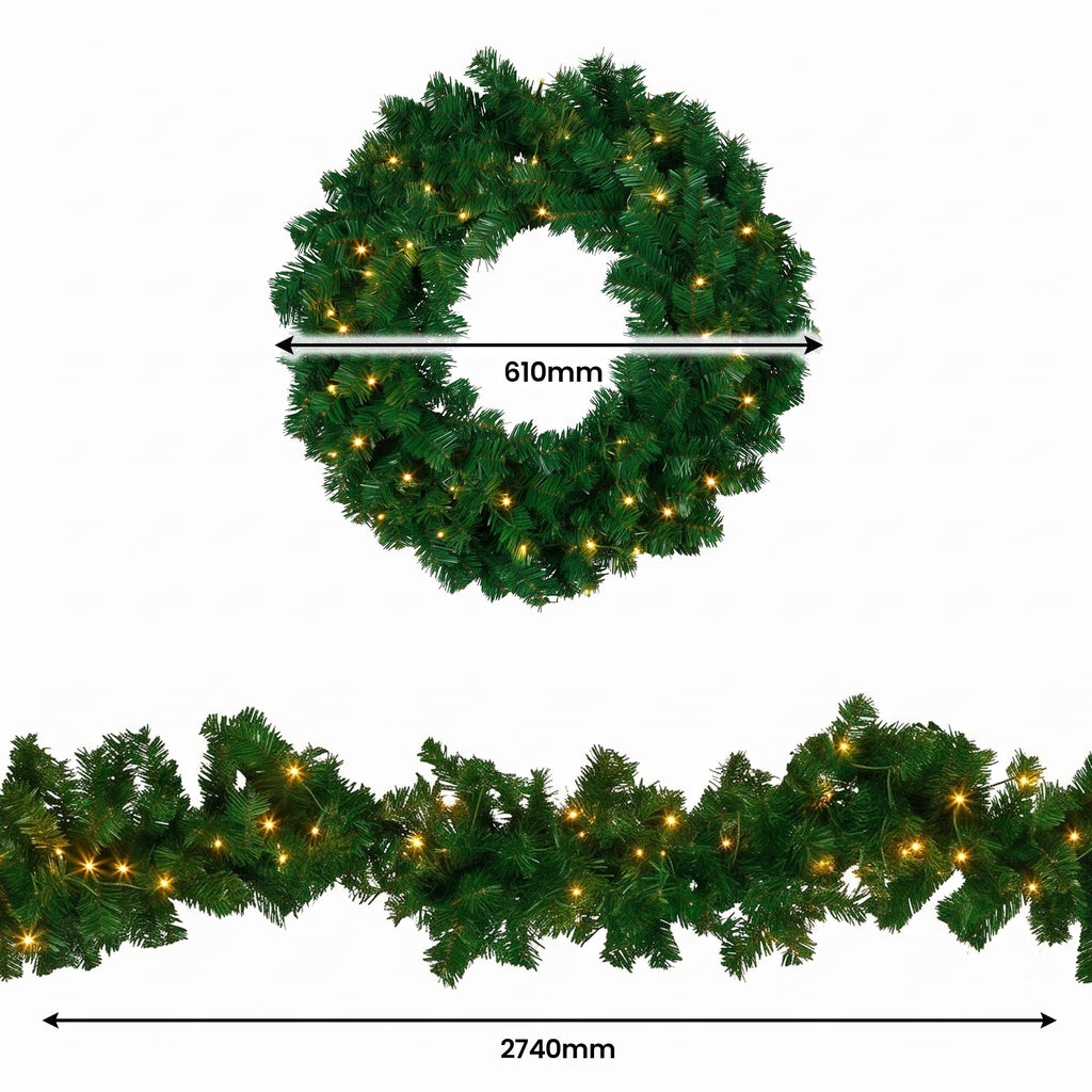 Christabelle Chadwick Green Christmas 2pc Set 61cm Christmas Wreath and Garland with LED Lights Holiday Decor