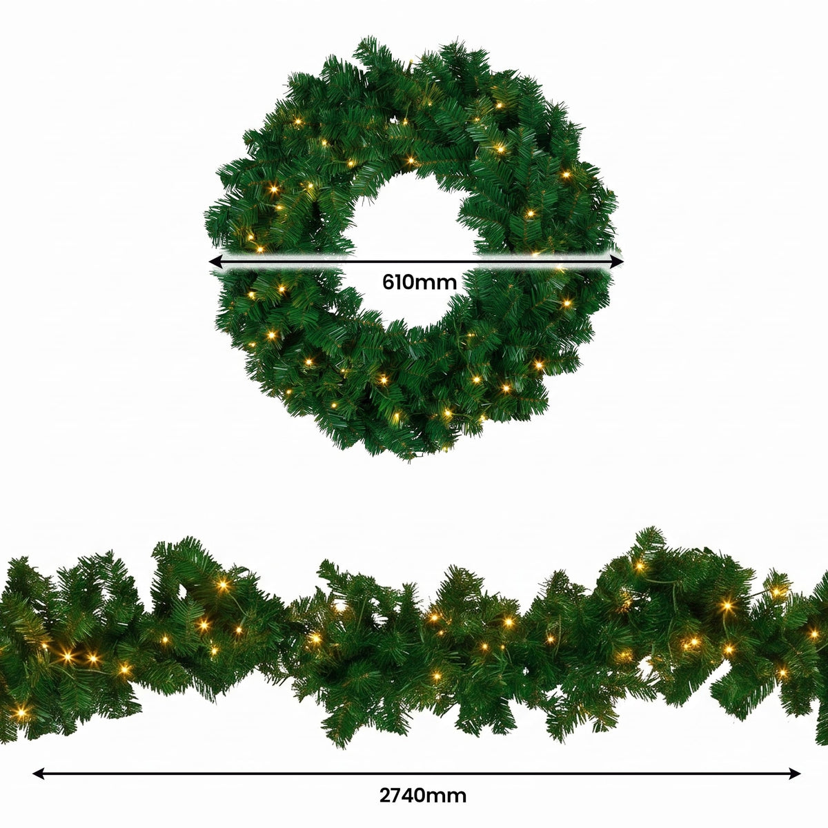 Christabelle Chadwick Green Christmas 2pc Set 61cm Christmas Wreath and Garland with LED Lights Holiday Decor