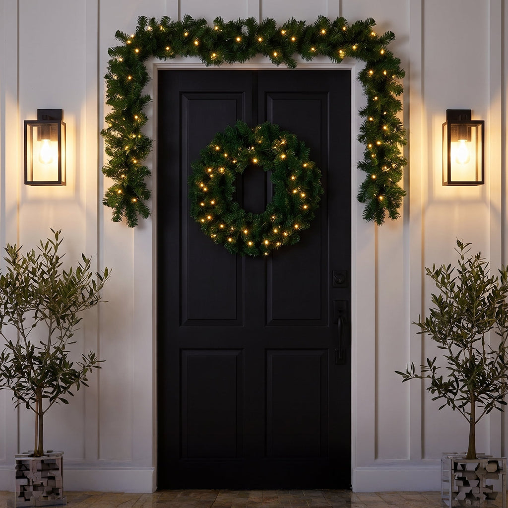 Christabelle Chadwick Green Christmas 2pc Set 61cm Christmas Wreath and Garland with LED Lights Holiday Decor