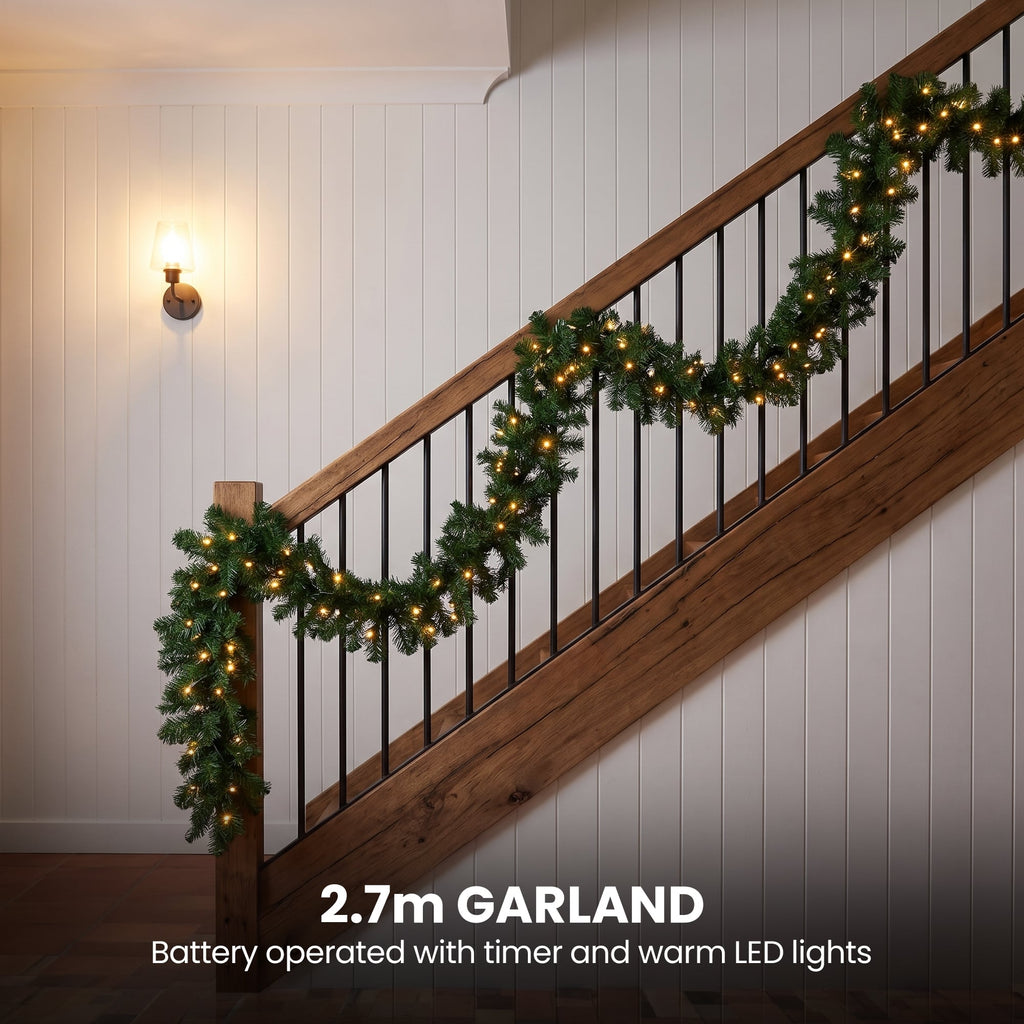 Christabelle Chadwick Green Christmas 2pc Set 61cm Christmas Wreath and Garland with LED Lights Holiday Decor