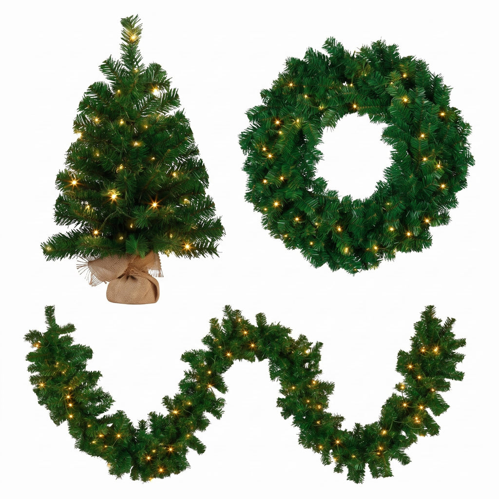 Christabelle Chadwick Green Christmas 3pc Set 61cm Tabletop Tree 61cm Wreath 2.7m Garland with LED Light