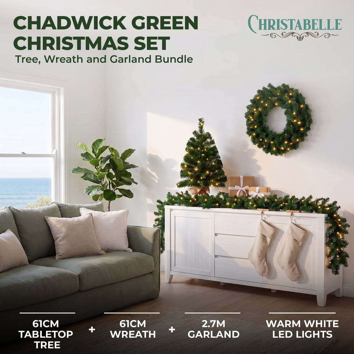 Christabelle Chadwick Green Christmas 3pc Set 61cm Tabletop Tree 61cm Wreath 2.7m Garland with LED Light