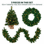 Christabelle Chadwick Green Christmas 3pc Set 61cm Tabletop Tree 61cm Wreath 2.7m Garland with LED Light