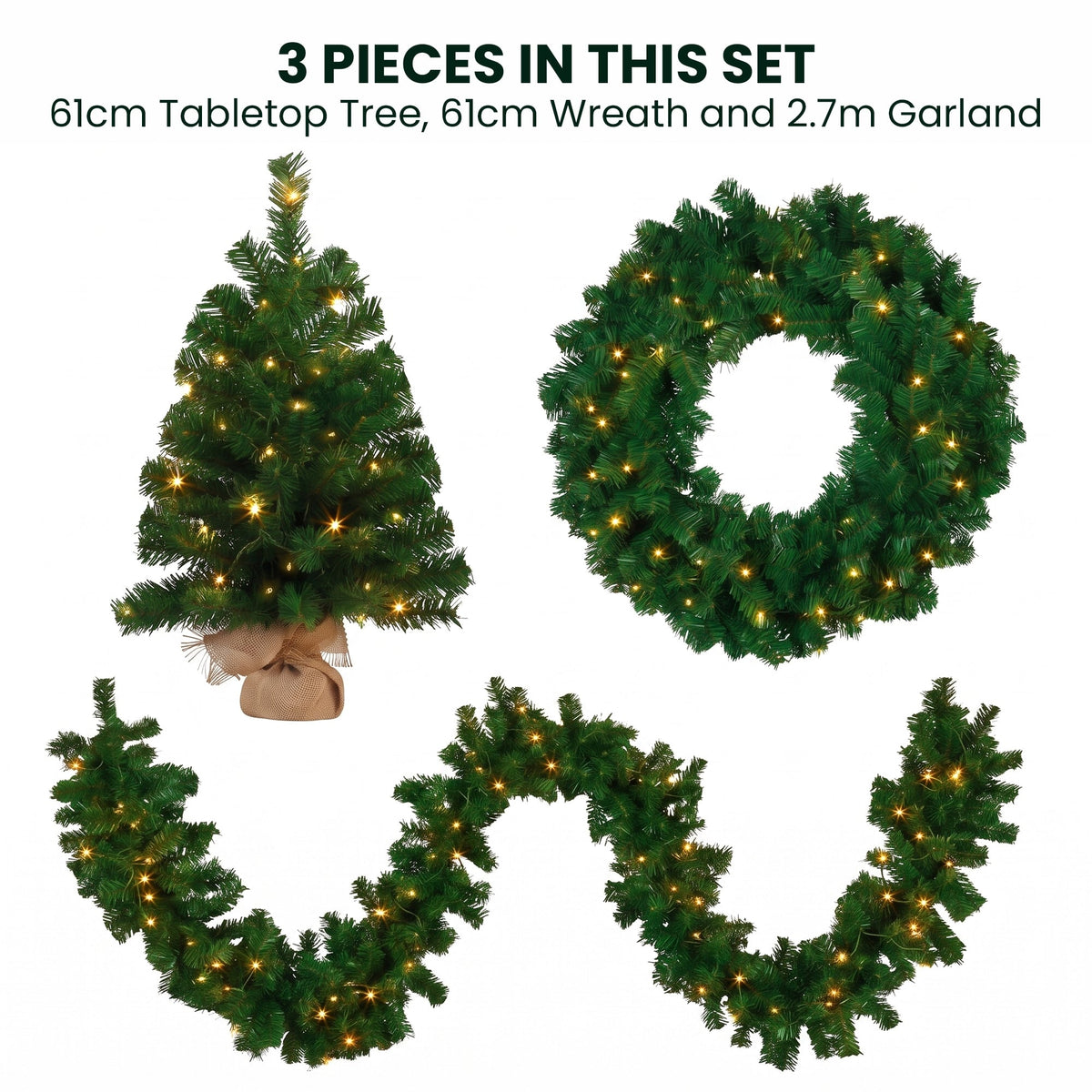 Christabelle Chadwick Green Christmas 3pc Set 61cm Tabletop Tree 61cm Wreath 2.7m Garland with LED Light