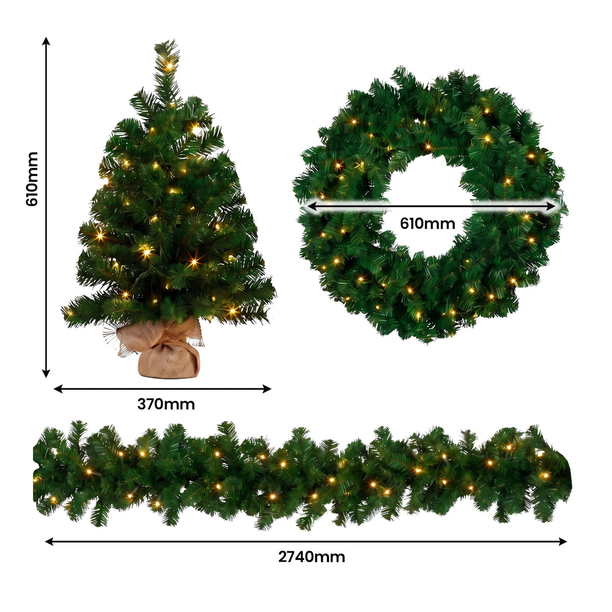Christabelle Chadwick Green Christmas 3pc Set 61cm Tabletop Tree 61cm Wreath 2.7m Garland with LED Light