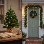 Christabelle Chadwick Green Christmas 3pc Set 61cm Tabletop Tree 61cm Wreath 2.7m Garland with LED Light