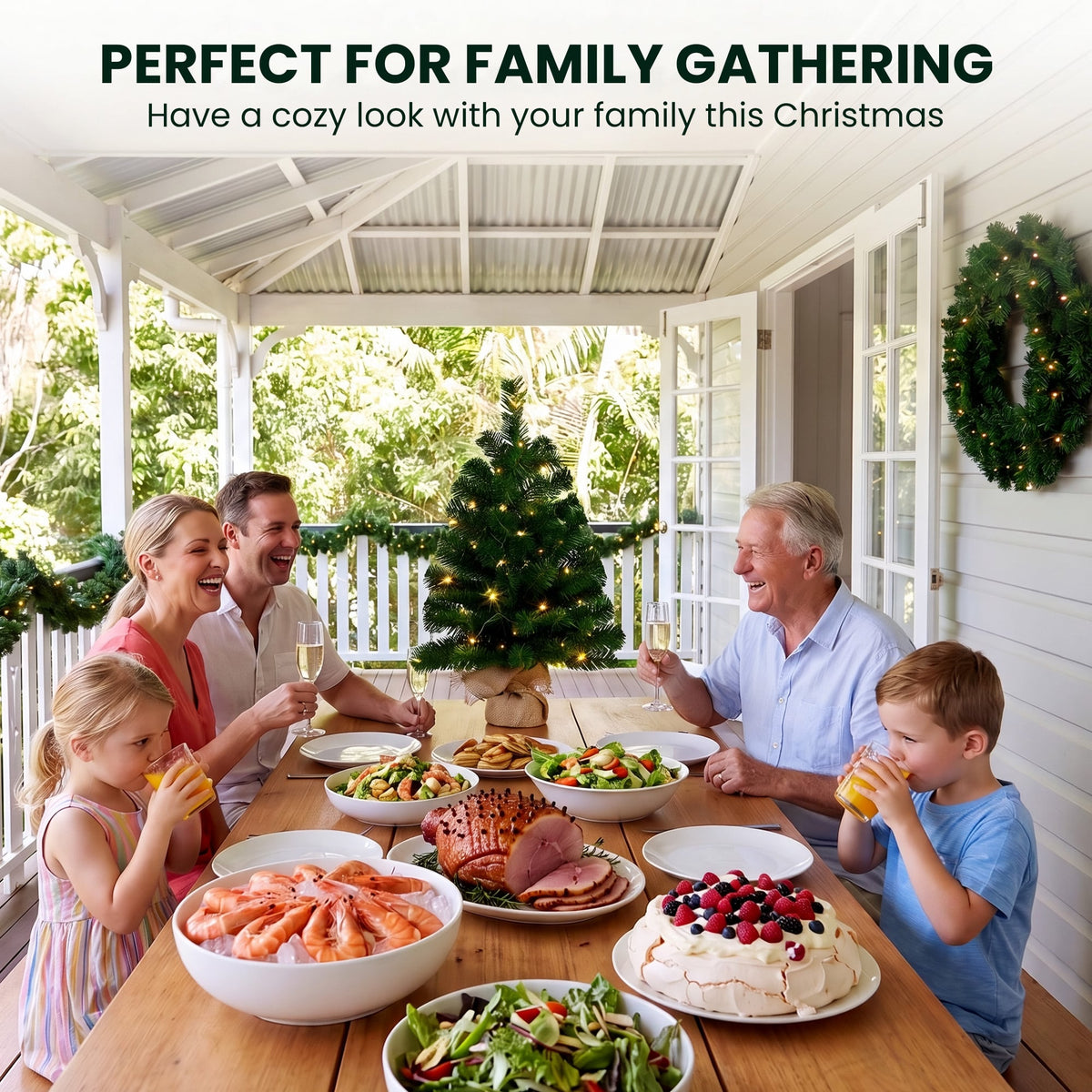 Christabelle Chadwick Green Christmas 3pc Set 61cm Tabletop Tree 61cm Wreath 2.7m Garland with LED Light