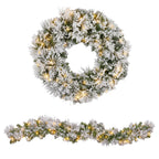 Christabelle Majestic Snow Christmas 2pc Set 61cm Christmas Wreath and Garland with LED Lights Holiday Decor