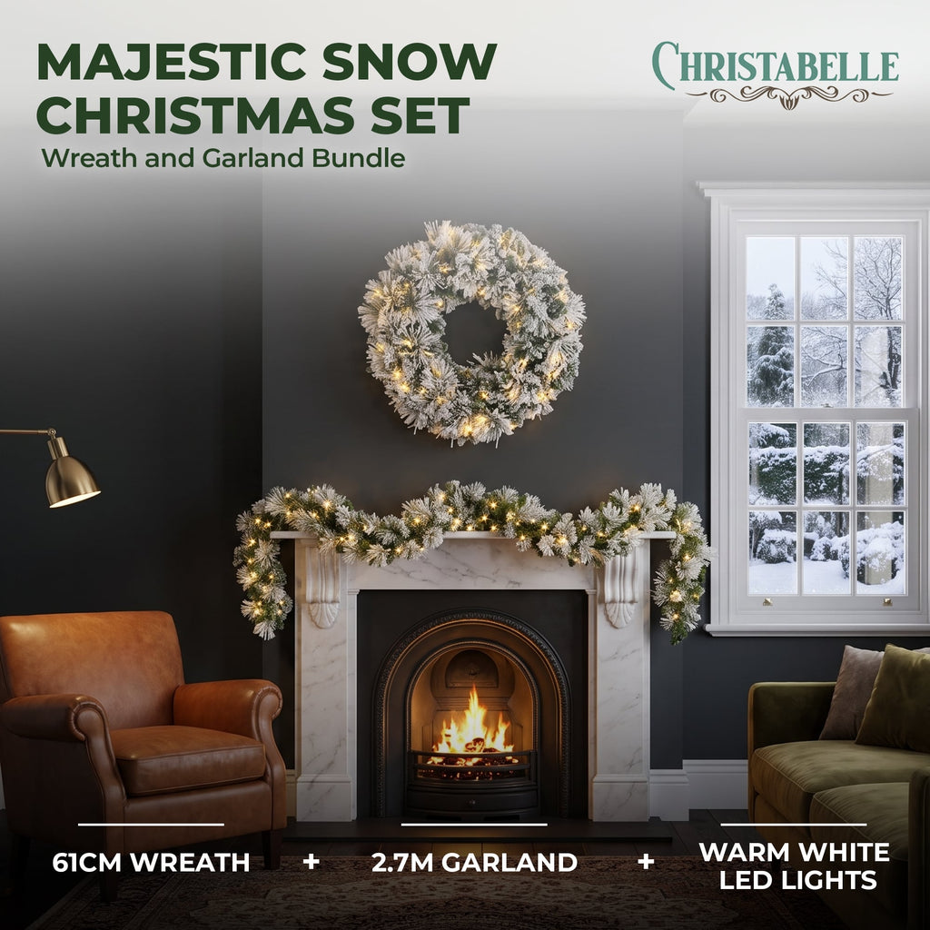 Christabelle Majestic Snow Christmas 2pc Set 61cm Christmas Wreath and Garland with LED Lights Holiday Decor