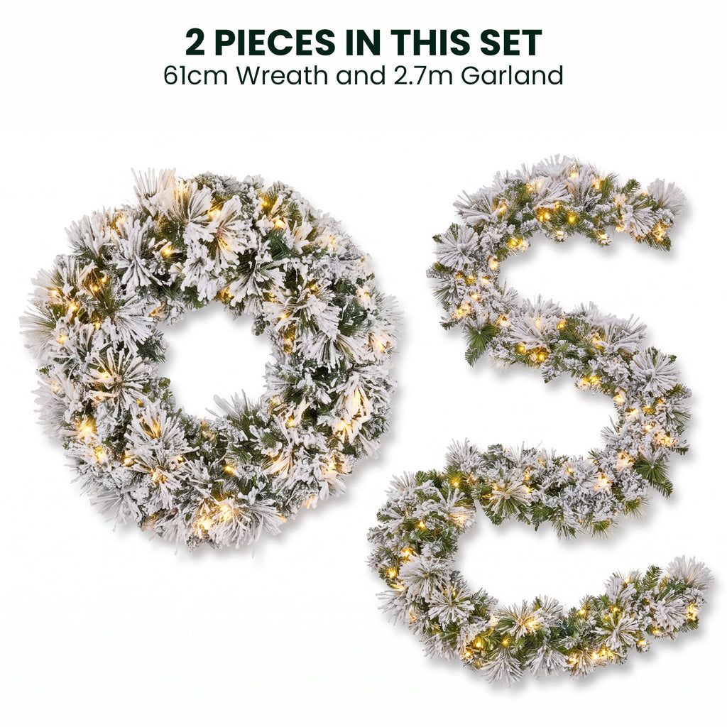 Christabelle Majestic Snow Christmas 2pc Set 61cm Christmas Wreath and Garland with LED Lights Holiday Decor