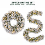 Christabelle Majestic Snow Christmas 2pc Set 61cm Christmas Wreath and Garland with LED Lights Holiday Decor