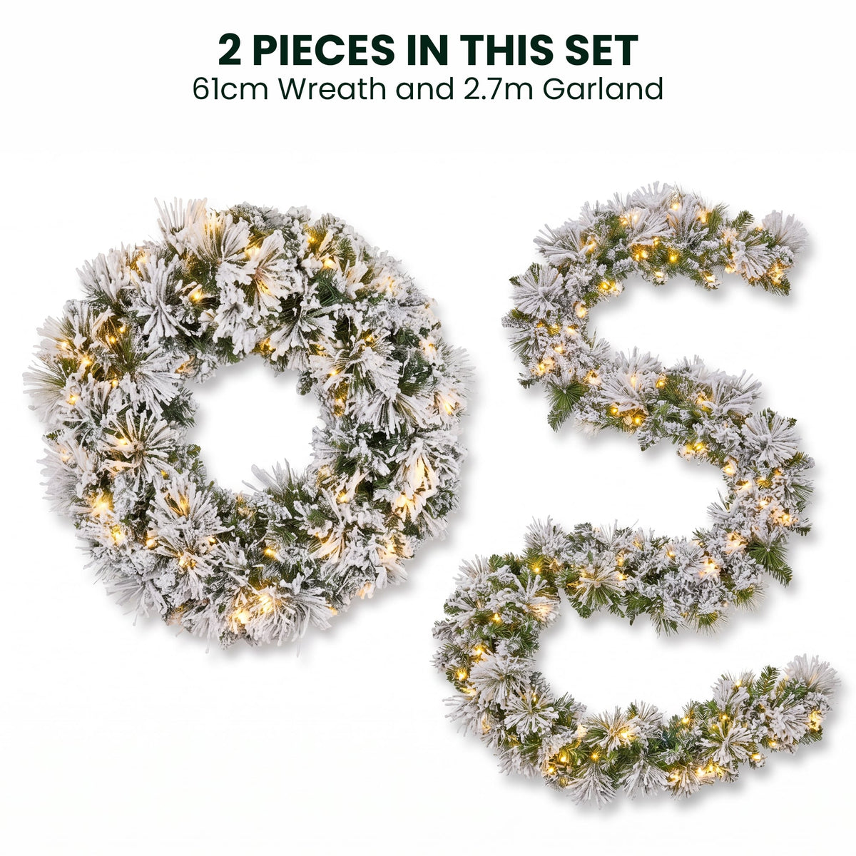 Christabelle Majestic Snow Christmas 2pc Set 61cm Christmas Wreath and Garland with LED Lights Holiday Decor