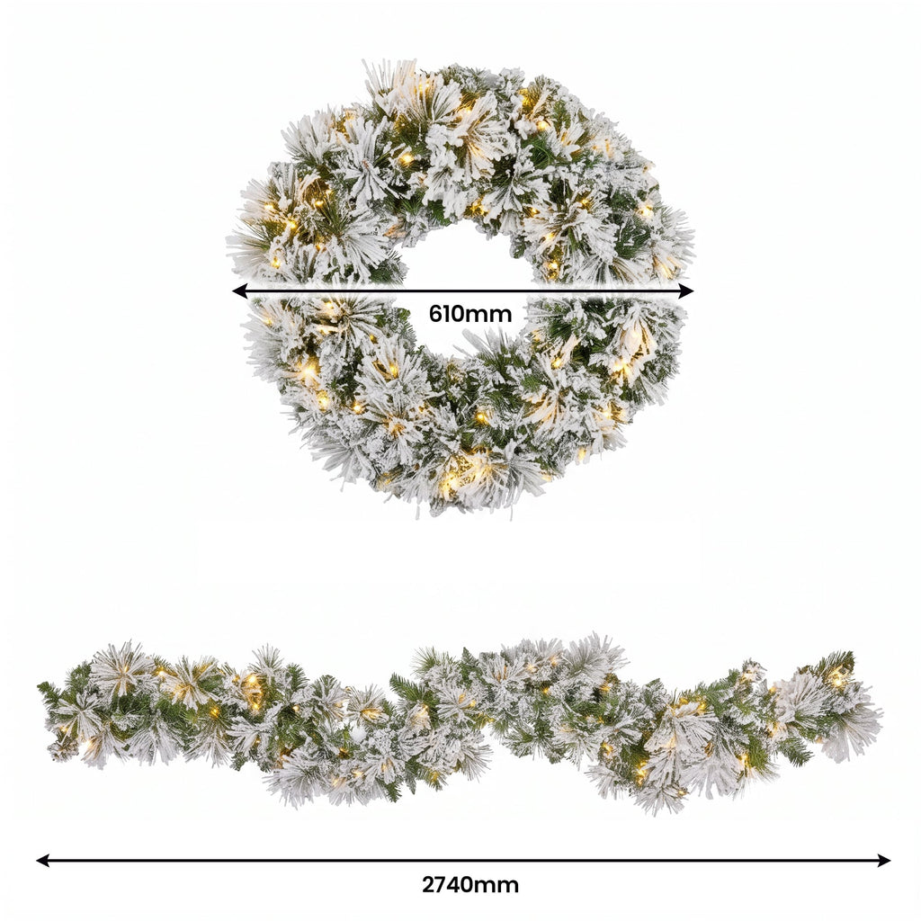 Christabelle Majestic Snow Christmas 2pc Set 61cm Christmas Wreath and Garland with LED Lights Holiday Decor