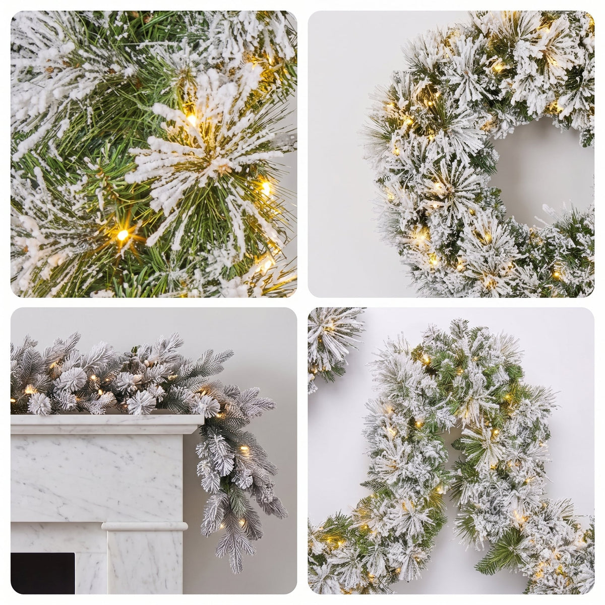 Christabelle Majestic Snow Christmas 2pc Set 61cm Christmas Wreath and Garland with LED Lights Holiday Decor