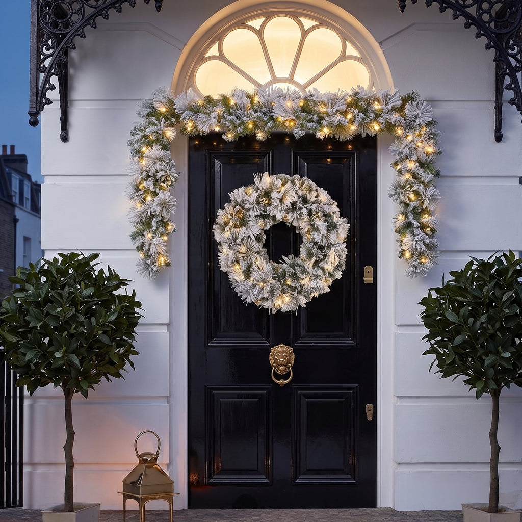 Christabelle Majestic Snow Christmas 2pc Set 61cm Christmas Wreath and Garland with LED Lights Holiday Decor