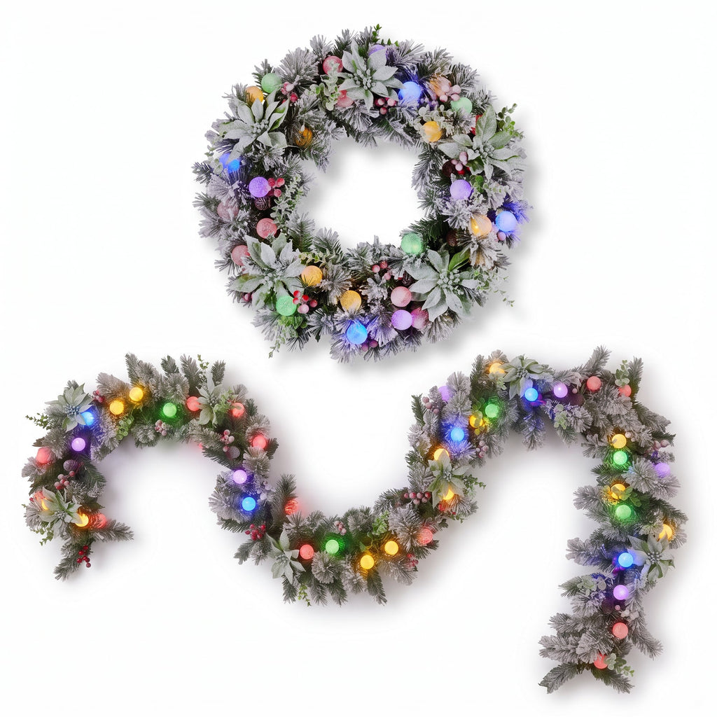 Christabelle Snowy Crown Pine Christmas 2pc Set 6cm Christmas Wreath and Garland with LED Lights Holiday Decor