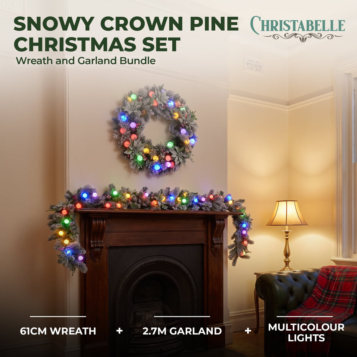 Christabelle Snowy Crown Pine Christmas 2pc Set 6cm Christmas Wreath and Garland with LED Lights Holiday Decor