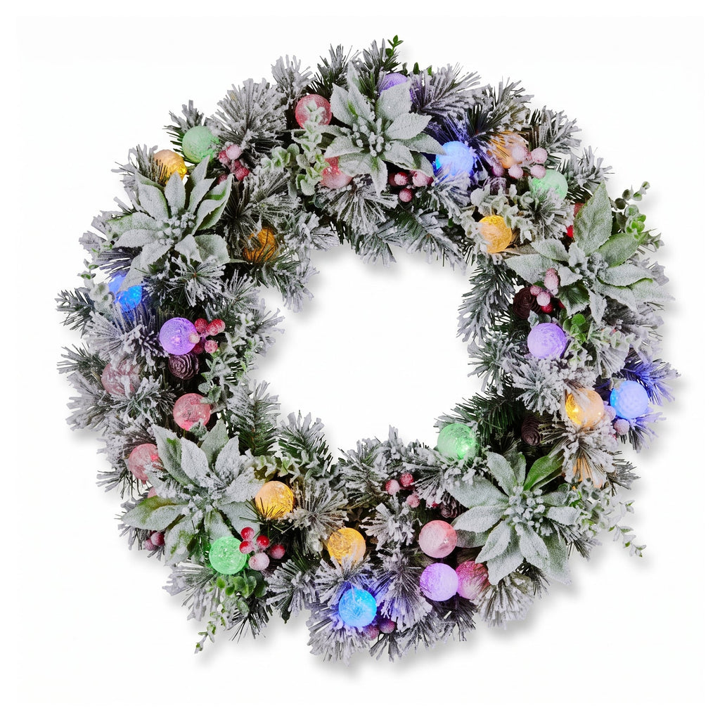 Christabelle Snowy Crown Pine Christmas 2pc Set 6cm Christmas Wreath and Garland with LED Lights Holiday Decor