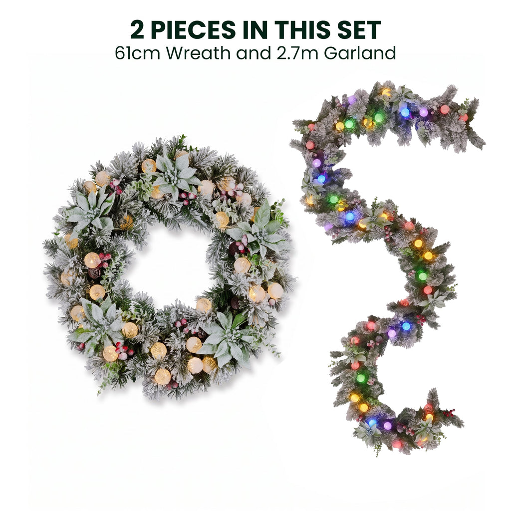 Christabelle Snowy Crown Pine Christmas 2pc Set 6cm Christmas Wreath and Garland with LED Lights Holiday Decor